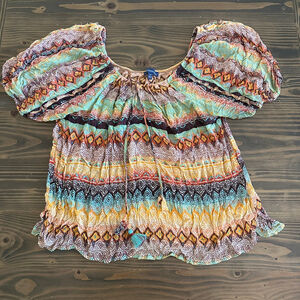Women's Democracy Boho Blouse 1X Multi-Color Off-Shoulder Tassel Top